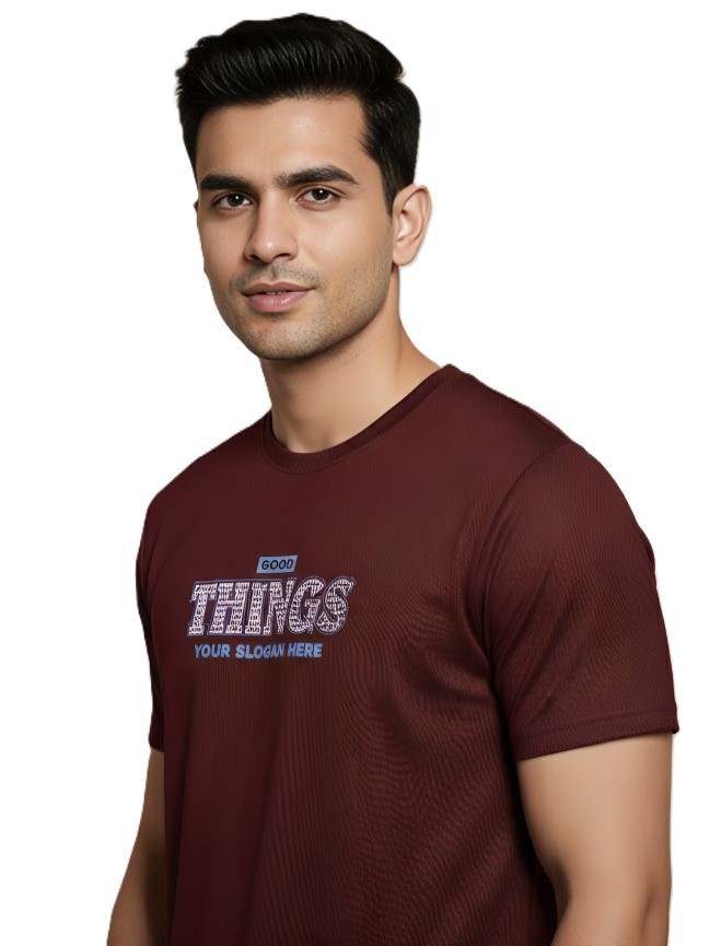 MasterTrait Good Things  Varsity Typography Graphic  Round Neck T-Shirt — Deep Burgundy
