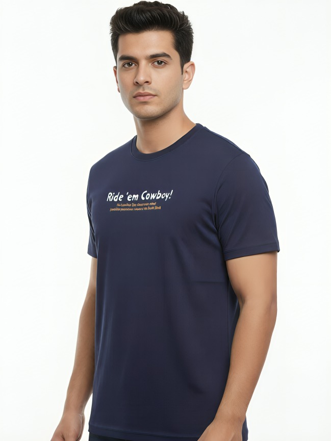 MasterTrait Men Ride Cowboy  Gold Graphic Printed Midnight Navy  Round Neck Ribbed Half Sleeve T-Shirt