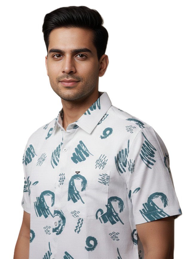 MASTERTRAIT Men’s White & Teal Abstract Printed Shirt | Minimal Scribble Design