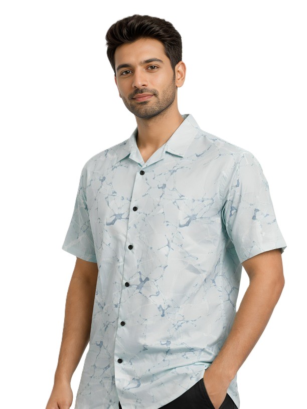 MASTERTRAIT Men’s Ice Vein Marble Printed Shirt | Light Grey Abstract Pattern | Cuban Collar | Regular Fit | Premium Casual Wear