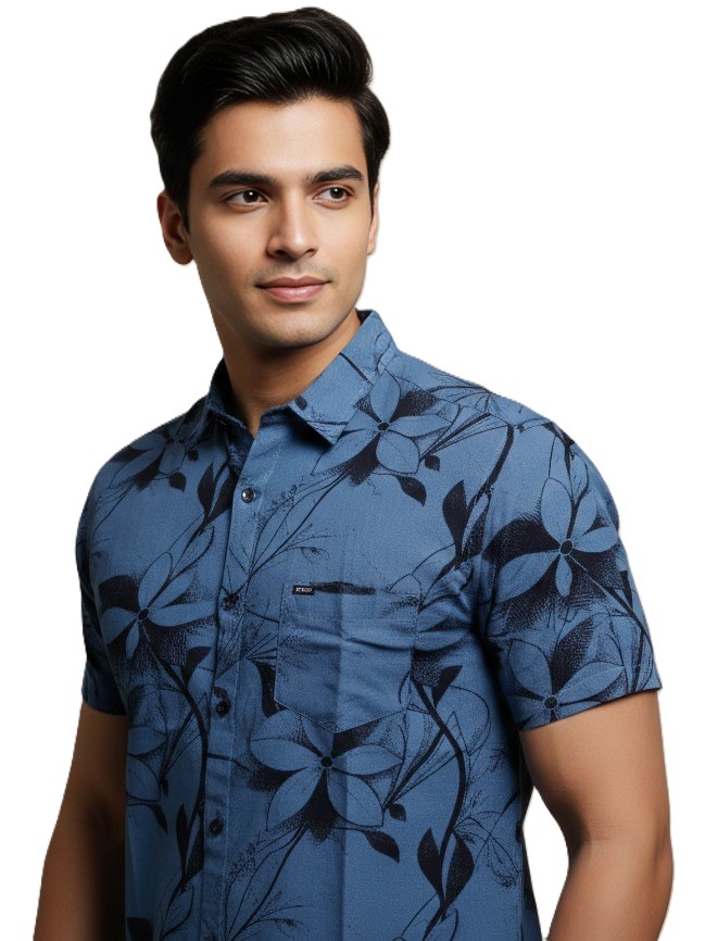 MASTERTRAIT Men’s Indigo Floral Printed Shirt | Blue & Black Botanical Design
