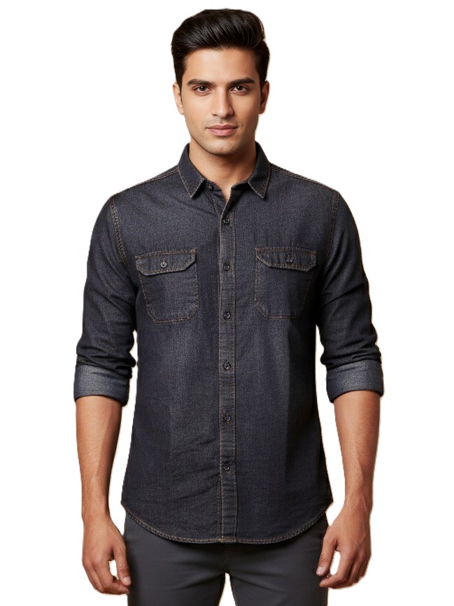 Mastertrait Men’s Black Denim Shirt | Premium Solid Casual Shirt | Slim Fit | Cotton Denim Blend | Dual Pocket
