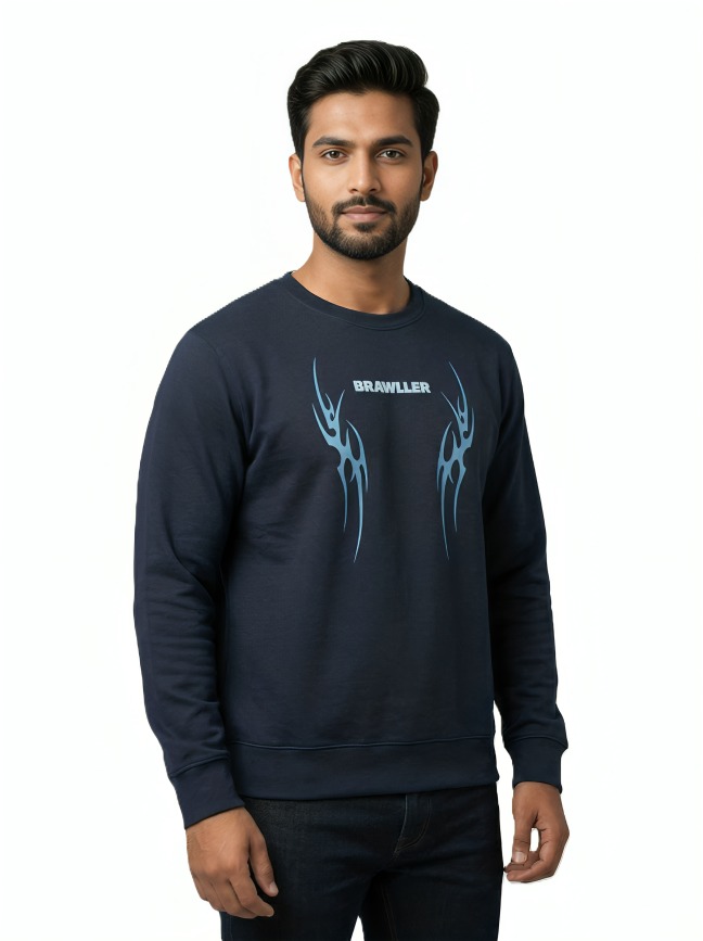 MASTERTRAIT Premium Navy Blue Printed Sweatshirt – Brawler Front Design & Manifest Me Back Print