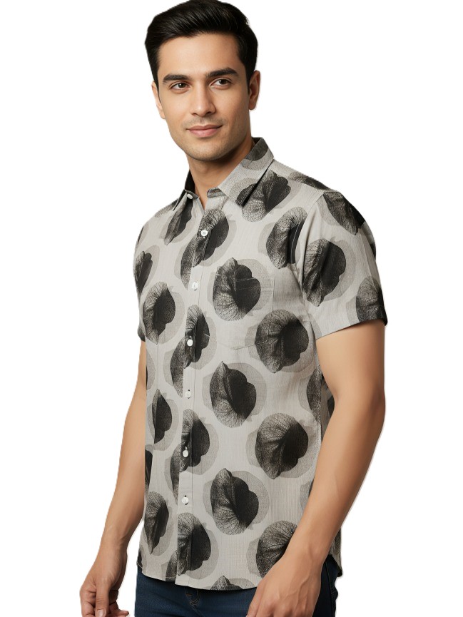 MASTERTRAIT Men’s Grey Abstract Floral Printed Shirt | Monochrome Petal Design | Regular Fit | Premium Casual Wear