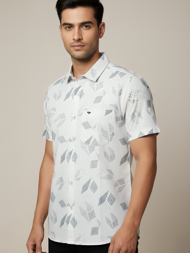 MASTERTRAIT Men’s White & Grey Printed Casual Shirt | Abstract Pattern | Regular Fit | Cotton Blend