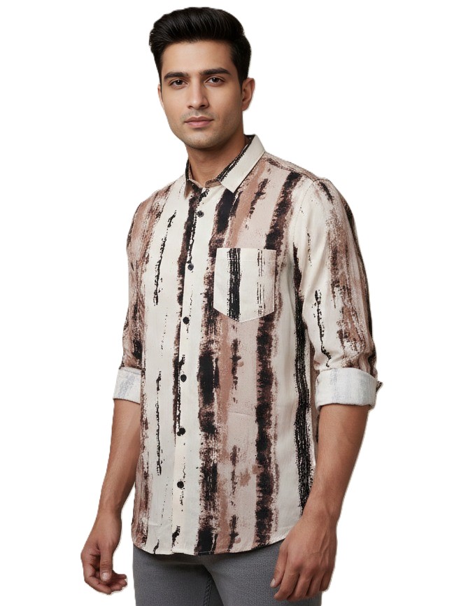 Mastertrait Men’s Beige & Brown Vertical Abstract Lycra Shirt | Premium Designer Casual Shirt