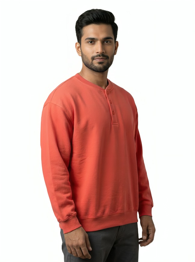 MASTERTRAIT Premium Coral Red Henley Neck Sweatshirt – Full Sleeve Solid Casual Wear