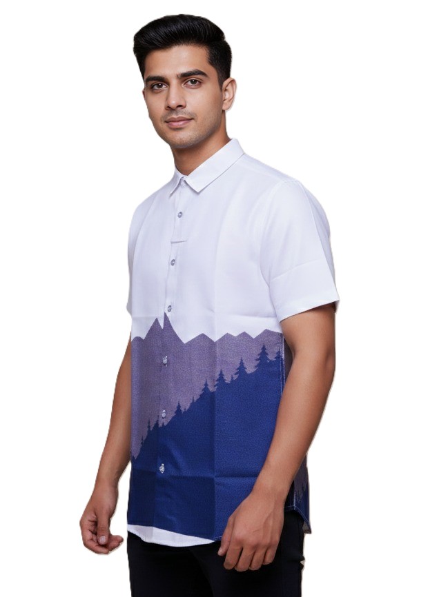 MASTERTRAIT Men’s Alpine Horizon Printed Shirt | White to Navy Gradient with Mountain Silhouette