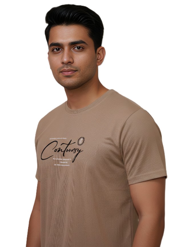 MASTERTRAIT Men’s Contoursy Graphic Printed T-Shirt – Front Script Logo & Back Urban Illustration Regular Fit Beige Streetwear Tee