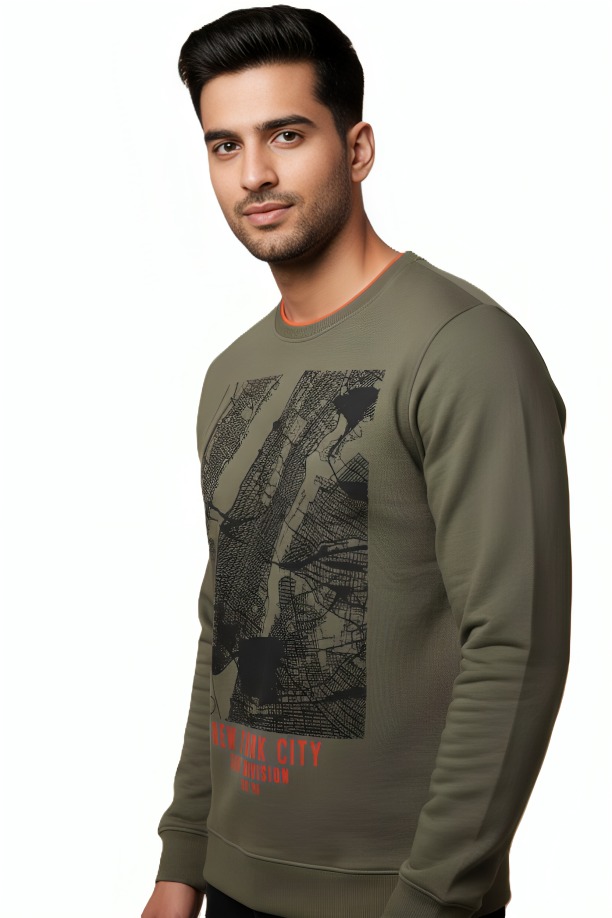 MASTERTRAIT Premium Olive Green Printed Sweatshirt – Urban Ink City Design | Full Sleeve Round Neck