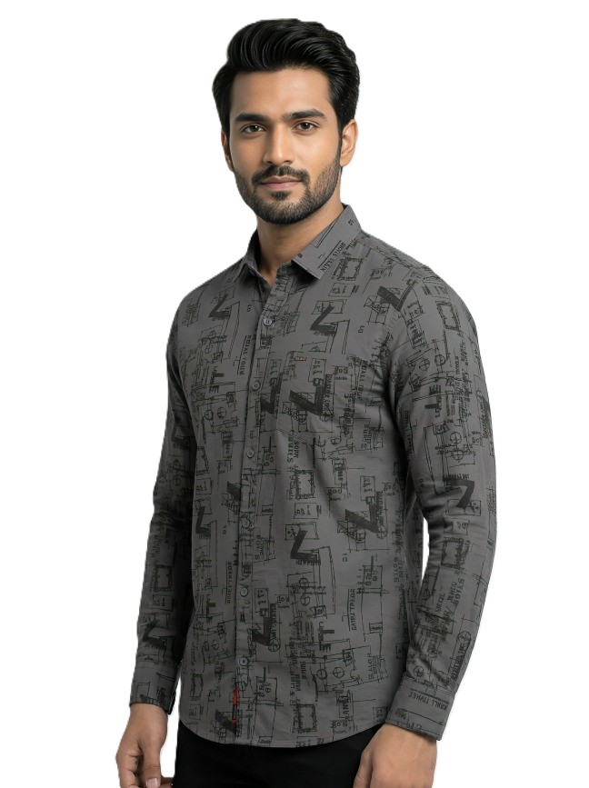 Mastertrait Men’s Grey Graphic Print Shirt | Premium Abstract Script Designer Shirt | Slim Fit | Cotton Blend